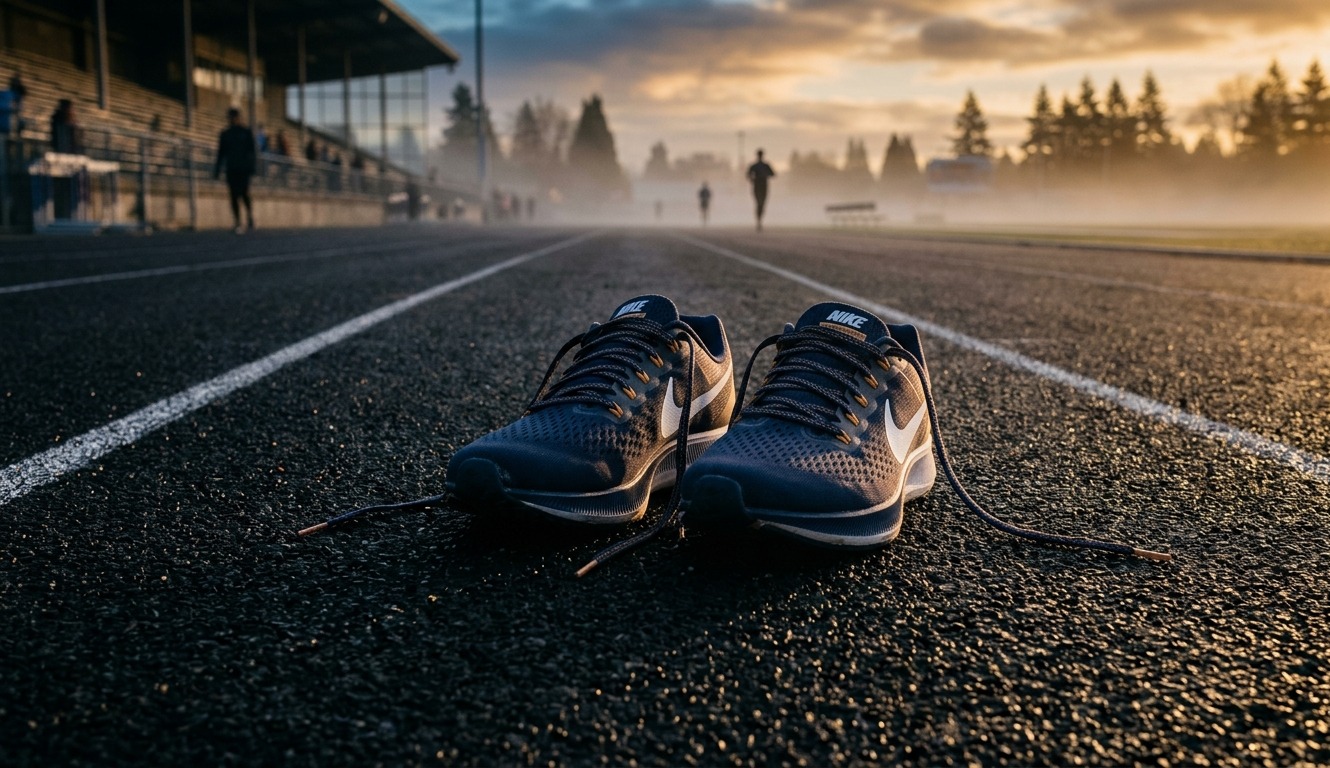 Sportovní tenisky na atletické dráze při ranním světle